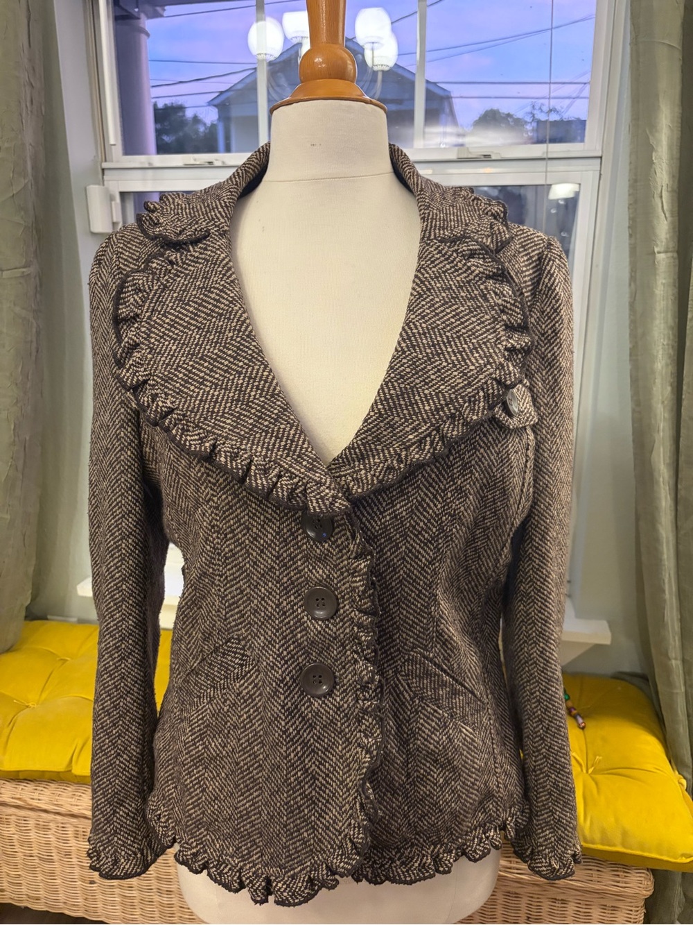 Last Kiss Brown w/Dark Brown Herringbone Ruffle-Trim Blazer
